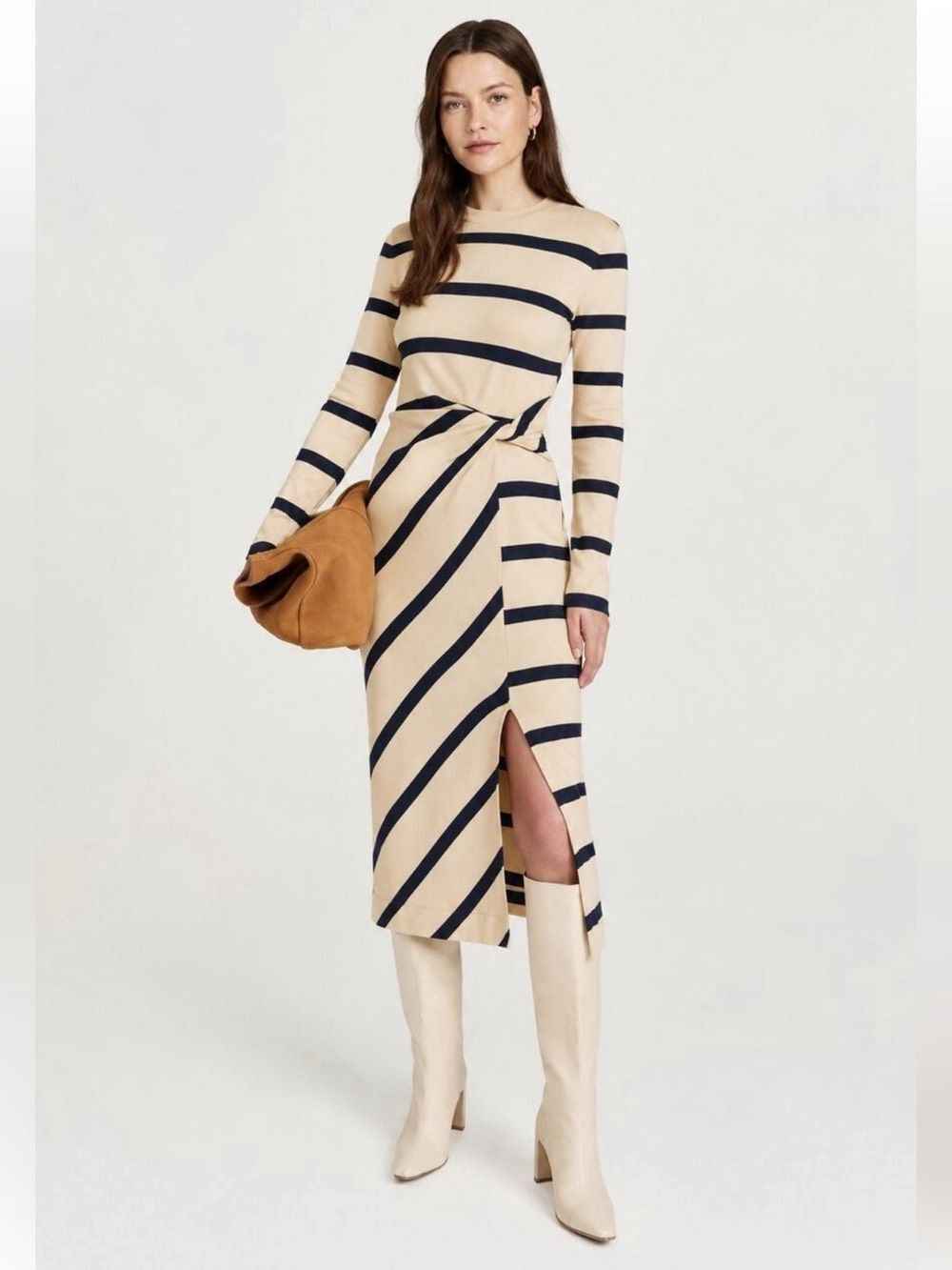 Tanya Taylor Cody Striped Organic Cotton Midi Dress in Cream Navy Blue XL